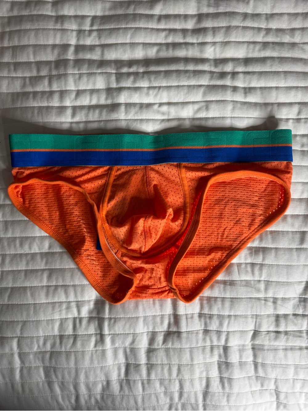 CODE 22 Men's Bright Orange Mesh Briefs with Green & Blue Waistband